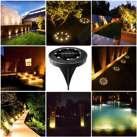 Solar Powered Outdoor LED Disk Lights 8 Pack IP68 Waterproof Non Slip Wear Resistant Pathway Lights Warm White For Garden Driveway Yard Campground And Patio installation examples.