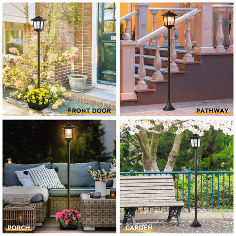 63-Inch Solar Lamp Post With Planter, 2-In-1 Aluminum Outdoor Path Light shown at front door, pathway, porch, and garden.