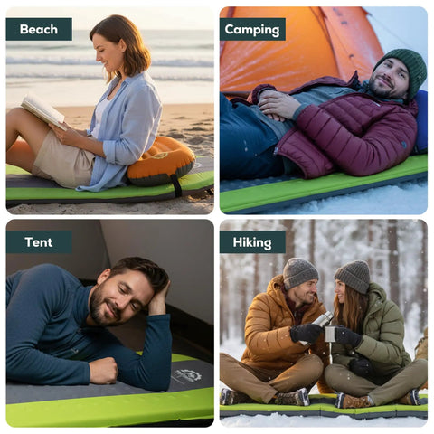 All Season Self Inflating Camping Pad With 4.3 R-Value Insulated Foam used on beach, camping, tent and hiking