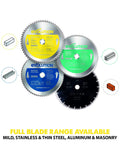 12 Inch Stainless Steel Cutting Saw Blade With 80 Teeth For Low RPM Saws Beats Heat And Burrs With Dry Cut Tech Carbide Tipped 1 Inch Arbor 0.083 Inch Kerf Yellow Finish For Clean Pro Level Metal Cutting variety display with color-coded labels for material compatibility.