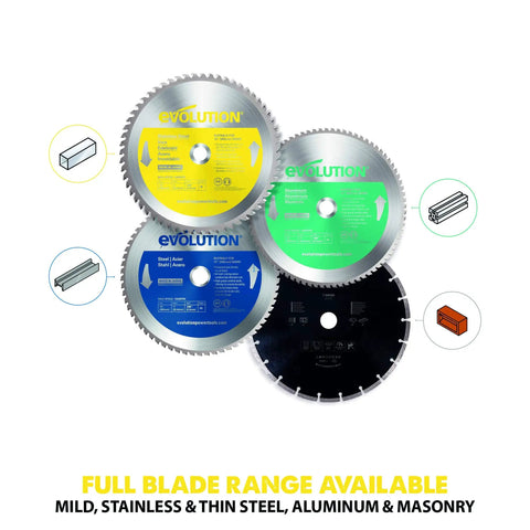 12 Inch Stainless Steel Cutting Saw Blade With 80 Teeth For Low RPM Saws Beats Heat And Burrs With Dry Cut Tech Carbide Tipped 1 Inch Arbor 0.083 Inch Kerf Yellow Finish For Clean Pro Level Metal Cutting variety display with color-coded labels for material compatibility.