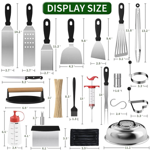 134 Piece Griddle Accessories Kit For Hibachi Flat Top Grills with spatulas, scraper, basting cover, tongs, and silicone glove display