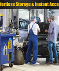 4 Pack Magnetic Aerosol Spray Can Holder With Rubber Coated Magnets mounted on toolbox in garage