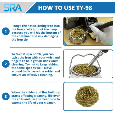 Instructions on using Soldering Iron Tip Cleaner With Brass Wire Sponge No Water Needed For Quick Mess Free Tip Refresh And Longer Tip Life Ideal For Precision Electronics Soldering And Rework TY98 Compatible.
