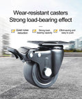 Sets Of 4 Bulletproof 3 Inch Swivel Caster Wheels With Secure Brakes Heavy Duty Polypropylene Ball Casters That Roll Like Butter On Furniture Zero Fuss Upgrade For Hardwood Or Carpet Floors - Close-up of black swivel caster with brake.