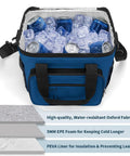 Open nautical style insulated cooler tote with cans and ice, showcasing leak-proof Oxford interior and adjustable strap.