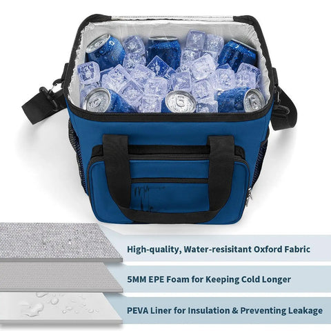 Open nautical style insulated cooler tote with cans and ice, showcasing leak-proof Oxford interior and adjustable strap.