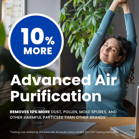 Woman stretching in living room with '10% More Advanced Air Purification' text, promoting Top Notch Replacement Filter For Whole House Air Purifiers MERV 11 20x25x4 Pack Of 1 USA Made Fits 210 And Compatible With Models 1210 1620 2120 2200 2210 2216 3210 4200 S.