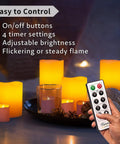 Remote adjusting LED Flameless Candles With Remote Battery Operated 8 Pack Real Wax Look Pillar Candles on table