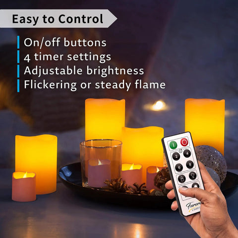 Remote adjusting LED Flameless Candles With Remote Battery Operated 8 Pack Real Wax Look Pillar Candles on table
