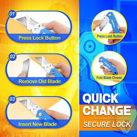 Illustration of tool-free blade change for Pocket Ready Box Cutter With Clip, Quick Change Folding Utility Knife Set