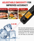 2-in-1 Infrared And Meat Probe Instant Read Thermometer For Cooking showing emissivity settings with images of food and ice.