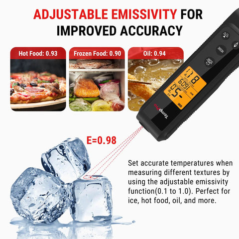 2-in-1 Infrared And Meat Probe Instant Read Thermometer For Cooking showing emissivity settings with images of food and ice.