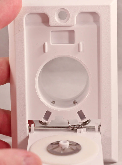 Central vacuum wall inlet, white square door, interior circular hose receptacle with mounting hardware