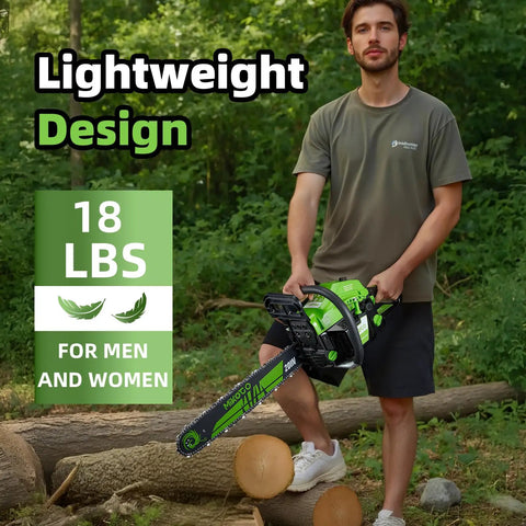 Person holding 18lb gas chainsaw with 58cc 2 cycle engine, 3.6 HP, 18 and 22 inch bars, beast mode power for tree cutting firewood logging.