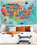 Colorful USA Map Wall Tapestry For Kids With Cartoon Fun Facts Geography Decor For Bedroom And Living Room, hung above bed.