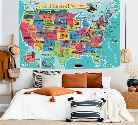 Colorful USA Map Wall Tapestry For Kids With Cartoon Fun Facts Geography Decor For Bedroom And Living Room, hung above bed.