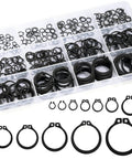 Badass Heavy Duty External Shaft Retaining Ring Assortment Kit With Premium Black Carbon Steel Circlips in various sizes.