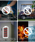 Image illustrating usage restrictions for 25.6V 100Ah LiFePO4 Battery For RVs, Solar, Off Grid And Backup Power, 2560Wh, 4000 Plus Cycles.