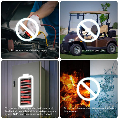 Image illustrating usage restrictions for 25.6V 100Ah LiFePO4 Battery For RVs, Solar, Off Grid And Backup Power, 2560Wh, 4000 Plus Cycles.