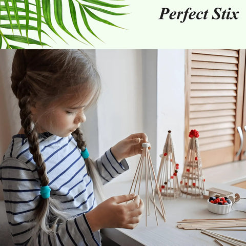 Child crafting with Smooth 16 Inch Round Bamboo Dowels Quarter Inch Diameter Natural Wood Sticks for DIY projects.