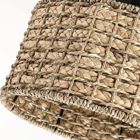 Close-up of handwoven rattan drum shade from Rattan Semi Flush Mount Ceiling Light With Black Canopy 2 Light 12 Inch.