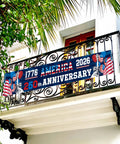 250th Anniversary American Banner Flag 1776 2026 Patriotic Decor on balcony with grommets, iron railing, outdoor display.