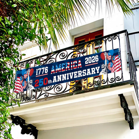 250th Anniversary American Banner Flag 1776 2026 Patriotic Decor on balcony with grommets, iron railing, outdoor display.