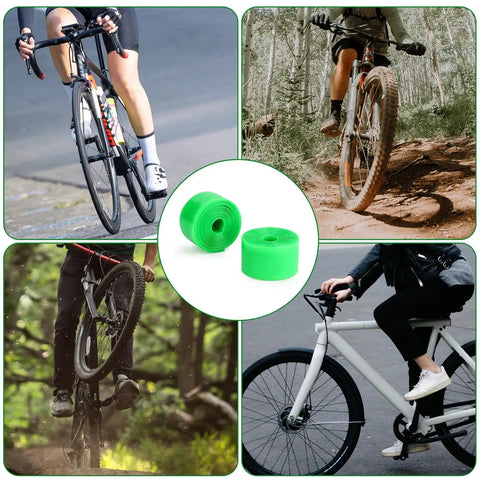 Cyclists riding with Two Pack Bike Tire Liners For Flat Protection, showing green durable inner tube protectors for 12 to 29 inch tires.