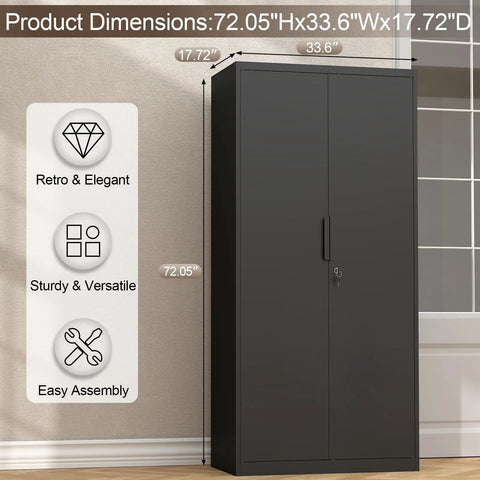 72 Inch Steel Garage Storage Cabinet With Locking Doors, 4 Shelves, Heavy Duty All Steel Construction, against room wall