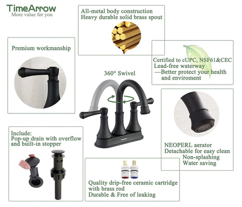 Matte Black Two Handle Centerset Bathroom Faucet with Three Hole Drain Assembly High Arc Four Inch Vanity Lavatory Tap Brass 360 Degree Swivel Spout Ceramic Cartridge Lead Free cUPC NSF61 CEC, featuring premium construction highlights.