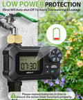Programmable Garden Hose Water Timer for Outdoor Irrigation with brass connector attached to spigot, low power indicator.