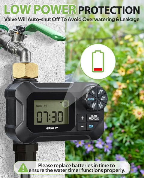 Programmable Garden Hose Water Timer for Outdoor Irrigation with brass connector attached to spigot, low power indicator.