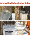 Stainless Steel Maple Syrup Tapping Kit With Six Spiles And Hooks And Two Cleaning Brushes shown with buckets and 3/8 inch hose