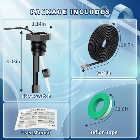 Replacement Flow Switch For Hayward Goldline Aquarite Salt Systems No Tools Needed Easy Install Precise Flow Sensor Direct Fit Durable Metal Body Replaces Common Models For Reliable Water Flow Detection, 3.03in flow switch, 15 ft cable, manual, Teflon tape