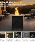 Powerful 52,000 BTU Outdoor Propane Fire Pit Table on patio with fire burning, easy hook lid and mesh pocket detail visible