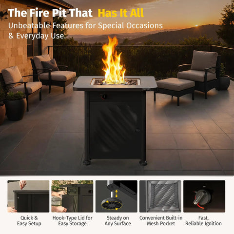 Powerful 52,000 BTU Outdoor Propane Fire Pit Table on patio with fire burning, easy hook lid and mesh pocket detail visible