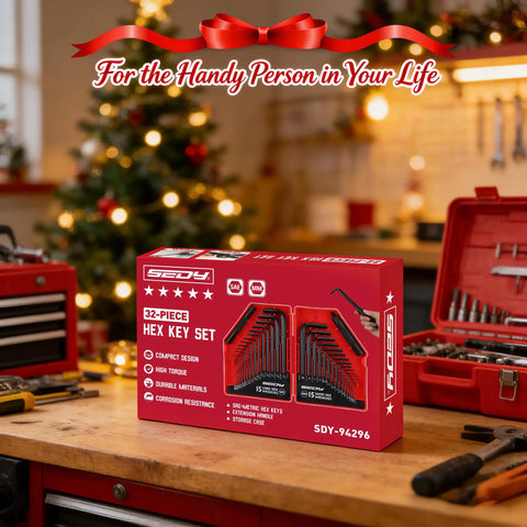 Beefy 32 Piece Hex Key Wrench Set With Long And Short L Shaped Allen Keys In Metric And SAE Sizes Chrome Vanadium Steel With 2 Extension Handles For Bike Repairs Furniture Builds Machinery And Equipment Tightening displayed on workbench with tools.