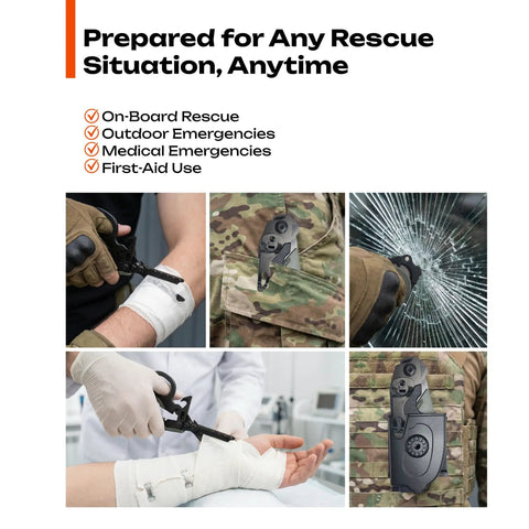 Six In One Foldable Trauma Shears Tactical Rescue Scissors For Emergency Response With Seat Belt Cutter Glass Breaker Ring Cutter Oxygen Tank Wrench And More Grab And Go Everyday Carry Ready, foldable black 420HC stainless steel rescue tool clipped to tactical gear