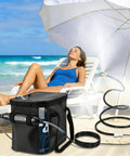 Portable Misting System With 5000mAh Rechargeable Pump, 20L Water Bucket, 9.8Ft Hose And 8.2Ft Cobra Mist Stand on beach