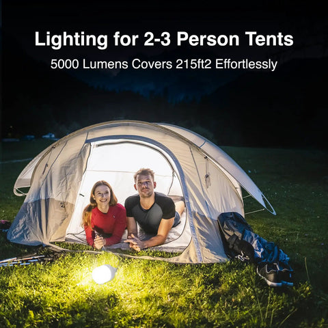 Go To All Night Camping Lantern Dimmable 8800mAh LED Light illuminating a tent with two people inside at night