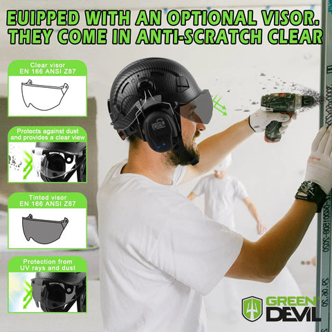 Heavy Duty Vented Hard Hat With Bluetooth Earmuffs And Drop Front Visor For Crews Ansi Z89 1 Certified Safety Helmet in use with clear visor.