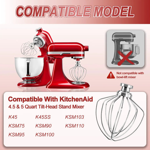 Stainless Steel 6 Wire Whip Attachment For KitchenAid Stand Mixer 4.5 Quart Tilt Head Dishwasher Safe Egg Cream Stirrer Flour Cake Balloon Whisk Replacement next to KitchenAid mixer