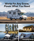 Collage featuring an RV, trolling motor, off-grid cabin, and home energy storage powered by 12V 100Ah LiFePO4 Battery with Bluetooth App.