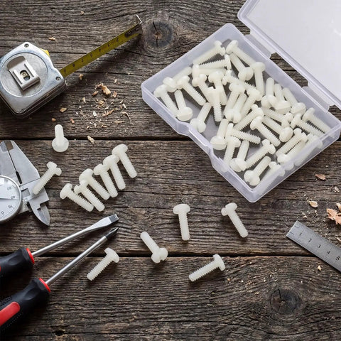 50 Pack White 632 X 1 2 Slotted Switch Plate Screws Includes Tidy Latch Container on wooden surface with tools.