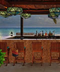 Outdoor bamboo bar with reed fencing, wooden chairs, lanterns, ocean view in background, evening ambiance