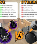 Comparison of office chair wheels: Purple rubber casters vs black standard wheels. Office Chair Wheels Replacement Set Of 5 3 Inch Rubber Casters With Soft Non Marking Polyurethane Glide For All Floors Including Hardwood And Carpet Quiet Smooth Rolling Game Changer Purple Finish.