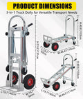 Dimensions of Premium Aluminum 3 In 1 Convertible Dolly Cart And 1000 Lb Hand Truck with height and width measurements.