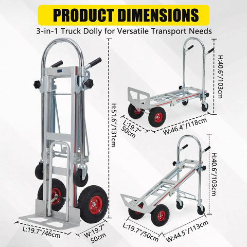 Dimensions of Premium Aluminum 3 In 1 Convertible Dolly Cart And 1000 Lb Hand Truck with height and width measurements.