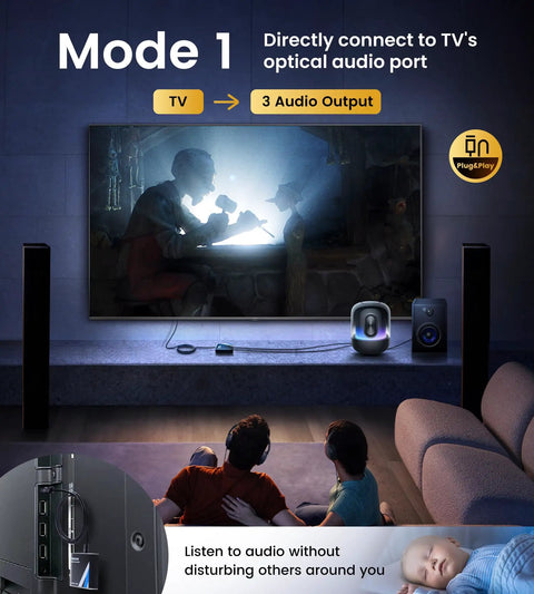 Run Your Rig Wild With This Dope 1x3 Digital Optical Splitter, Slinging Toslink SPDIF Audio To Three Awesome Devices, Backing Dolby Digital And DTS 5.1 Surround Sound Perfection For Your Xbox PS5 Game Setup. Image showing TV with connected Toslink splitter for three audio outputs, featuring headphones and speakers.
